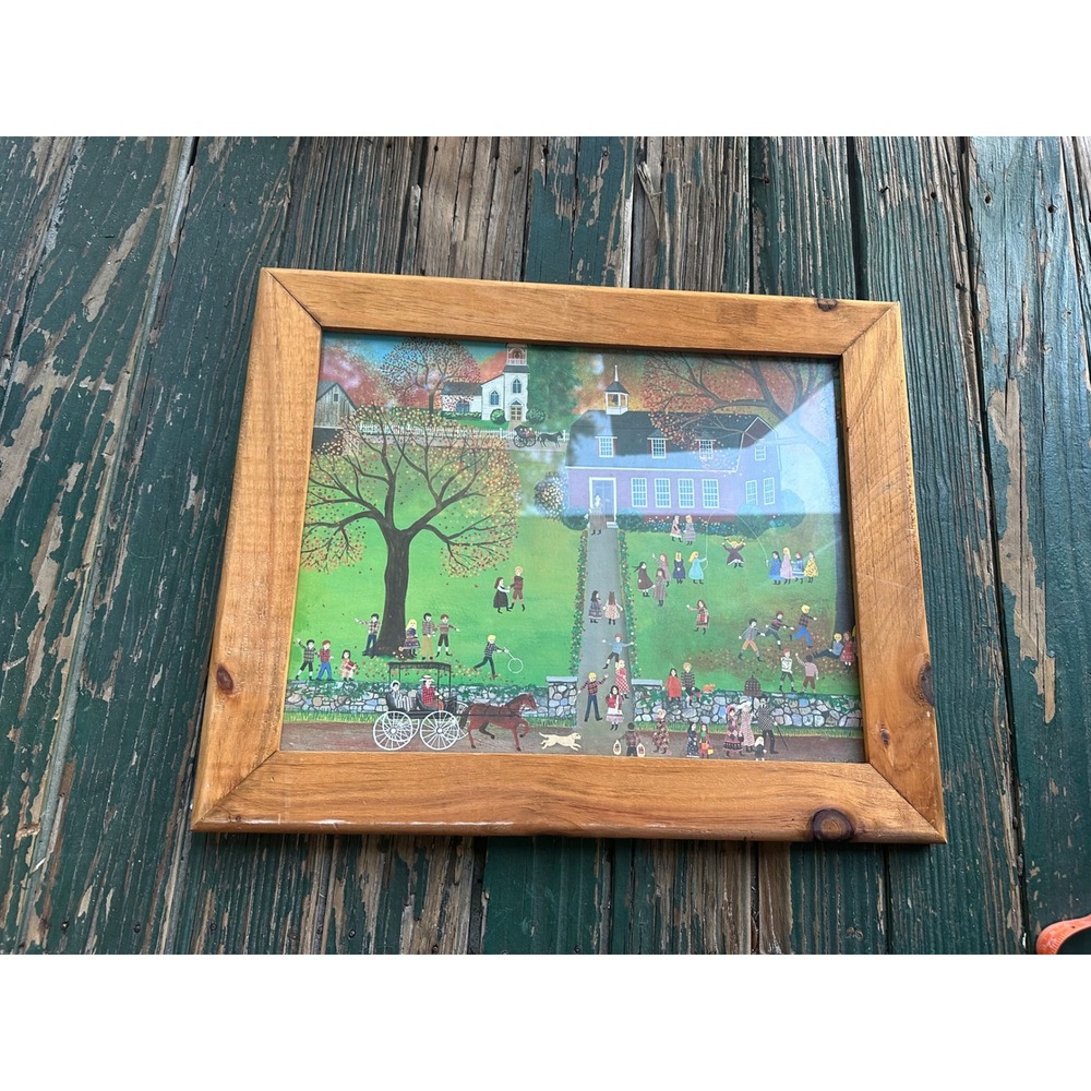 Vintage Regi Klein Folk Art Lithograph Schoolhouse Scene Framed Wood 15x18.5